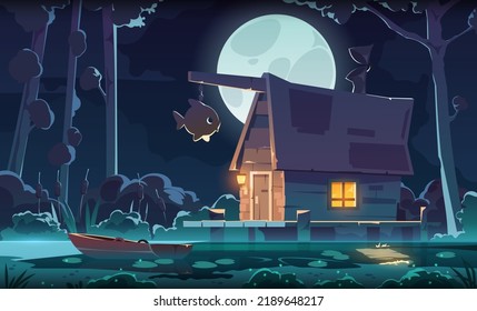 Night swamp fantasy background. Cartoon forest with wooden cabin standing on marsh, mystic swamp landscape with witch house. Vector game art illustration of marsh night and house on swamp