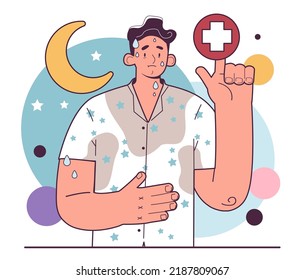 Night Sweat Concept. Heavy Sweating During Sleep. Young Character With A Sweat Problem, Wet Pyjamas With A Bad Smell. Flat Vector Illustration