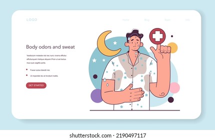 Night Sweat Concept. Heavy Sweating During Sleep. Young Character With A Sweat Problem, Wet Pyjamas With A Bad Smell. Flat Vector Illustration