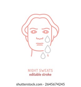Ícone de suores noturnos. Ilustração vetorial editável mostrando a pessoa com transpiração facial. Usado na educação médica, rastreamento de sintomas, distúrbios hormonais e materiais de conscientização de doenças crônicas.