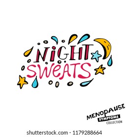 Night Sweats. Vector Illustration With Hand Drawn Lettering In Bright Colours Isolated On A White Background. Menopause Symptoms And Physical Changes Collection. Women Health Concept