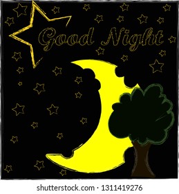 Night and Sweet Dreams.Nature scene with moon,stars and the green tree in the night.Nature.