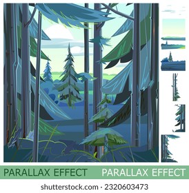 El pinar nocturno. Paisaje con árboles de crepúsculo. el conjunto de diapositivas crea una capa de imagen paralela. Estilo de caricatura. Aislado sobre fondo blanco. Vector.