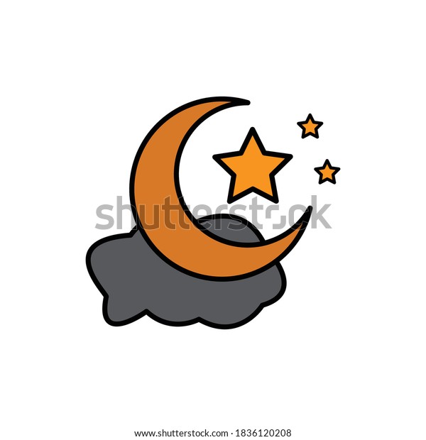Night symbol. cloud Crescent moon and star flat\
icon. Design template\
vector