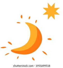 Night symbol, crescent new moon phase and star with gold light. Isolated icon of esoteric signs. Moonlight and constellation in outer space. Astronomy or bohemian ornament. Vector in flat style