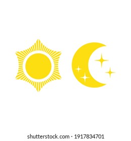 Night symbol of the moon with stars and sun, isolated on white background.