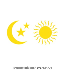 Night symbol of the moon with stars and sun, isolated on white background.