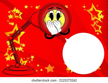 Night Table Lamp with hands over mouth. Office Light cartoon character with face.

