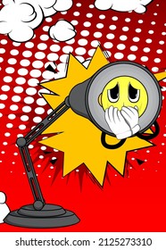 Night Table Lamp with hands over mouth. Office Light cartoon character with face.
