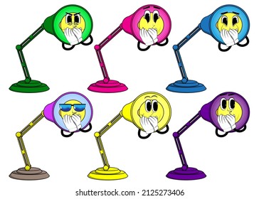 Night Table Lamp with hands over mouth. Office Light cartoon character with face.
