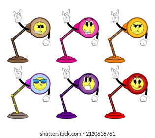Night Table Lamp with hands in rocker pose. Office Light cartoon character with face.