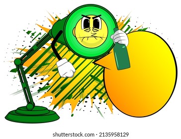 Night Table Lamp holding a bottle. Office Light cartoon character with face.