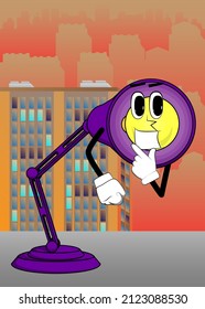 Night Table Lamp holding finger front of his mouth. Office Light cartoon character with face.