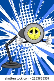 Night Table Lamp making thumbs up sign with two hands. Office Light cartoon character with face.