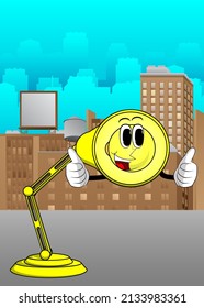 Night Table Lamp making thumbs up sign with two hands. Office Light cartoon character with face.