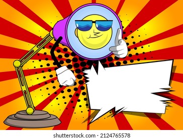 Night Table Lamp pointing at the viewer with his hand. Office Light cartoon character with face.