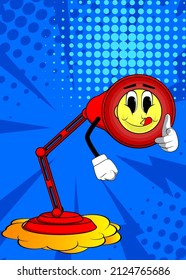 Night Table Lamp pointing at the viewer with his hand. Office Light cartoon character with face.