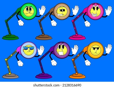 Night Table Lamp with waving hand. Office Light cartoon character with face.
