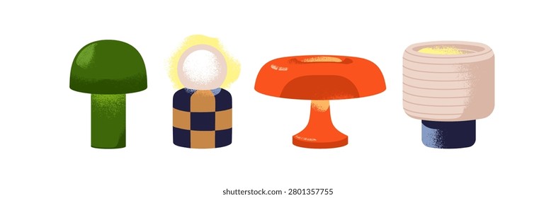 Night table lamps in modern retro design style, set. Cozy home decor, light decorations. Electric illumination, bedside nightlight, luminaire. Flat vector illustration isolated on white background