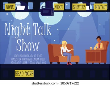 Night talk show website page background with anchorman and guest characters in studio interior, flat vector illustration. Landing page template for TV show.