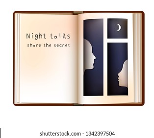 night talks concept, two people profile in the book page that looks window, 