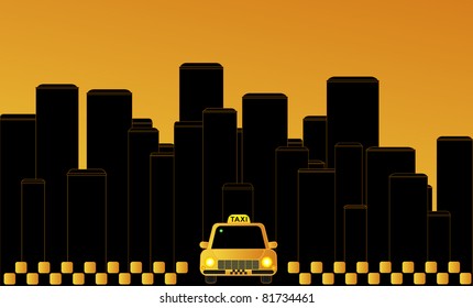 Night taxi in the city on the background of skyscrapers.