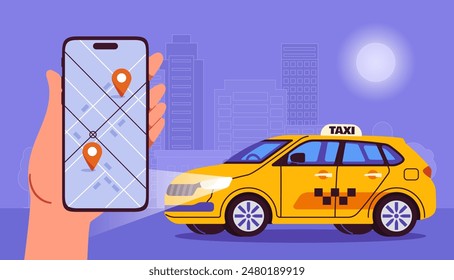 Pedido de taxi nocturno. Mano con smartphone cerca de automóvil amarillo. Transporte para viajeros y turistas. Solicitud de viaje con mapa. Urbana infraestructura. Ilustración vectorial plana de dibujos animados