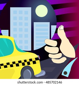 Night Taxi voting vector image with black and purple neon sky and full moon over the night city
