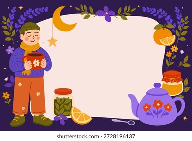Night tea frame with man holding a mug, teapot, jam, citrus and cookies around blank space. For posters, menus, invitations, web banners.