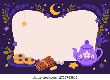 Marco de té nocturno con tetera, canela, jengibre, galletas y estrellas alrededor del espacio en blanco. Para carteles, menús, invitaciones y Anuncios de Web.