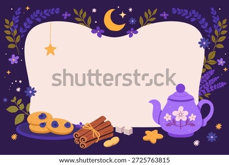 Night tea frame with teapot, cinnamon, ginger, cookies and stars around blank space. For posters, menus, invitations and web banners.