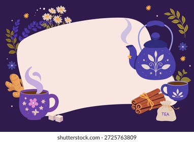 Marco de té de la noche con la tetera, las tazas, la canela, el jengibre, la manzanilla y la bolsa de té alrededor del espacio en blanco. Para carteles, menús, Anuncios de Web.