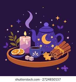 Juego de té nocturno con tetera, taza, vela, rodajas de naranja, cubitos de azúcar, jengibre y canela en bandeja con estrellas y luna. Sentimiento nocturno tranquilo. Para carteles, menús, pegatinas.