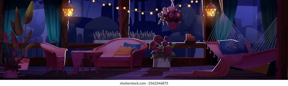 Night terrace garden patio illuminated with glowing lanterns and string lights. Romantic evening setting with cozy hammock, sofa, decorative roses. Dark atmosphere of outdoor relaxation space.