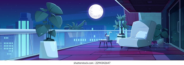 Terraza nocturna interior con sillón y cóctel. Espuma mágica y luz de luna llena vista panorámica ciudad rascacielos vista desde el balcón del apartamento fondo de dibujos animados. Ilustración moderna de diseño de patio urbano