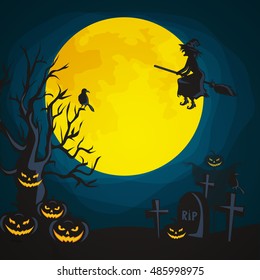 night terrors and nightmares Halloween on an old abandoned cemetery in the woods under a huge moon among the graves and skeletons, the undead, vampires Castle and witch flying on a broomstick vector