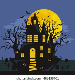 night terrors and nightmares Halloween on an old abandoned cemetery in the woods under a huge moon among the graves and skeletons, the undead, vampires Castle and witch flying on a broomstick vector