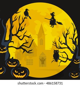 night terrors and nightmares Halloween on an old abandoned cemetery in the woods under a huge moon among the graves and skeletons, the undead, vampires Castle and witch flying on a broomstick vector