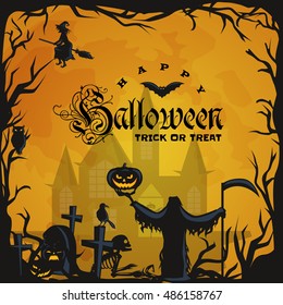 night terrors and nightmares Halloween on an old abandoned cemetery in the woods under a huge moon among the graves and skeletons, the undead, vampires Castle and witch flying on a broomstick vector