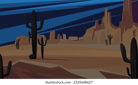 Night theme of desert. Black cactus vector illustration.