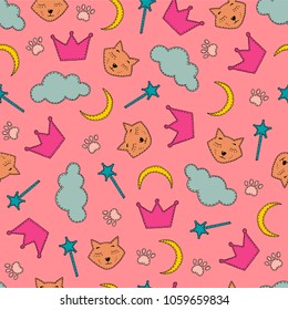 night theme seamless background with cats and crowns