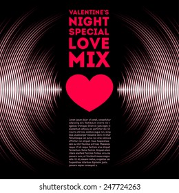 Night themed Valentine's Day card with vinyl tracks and red heart