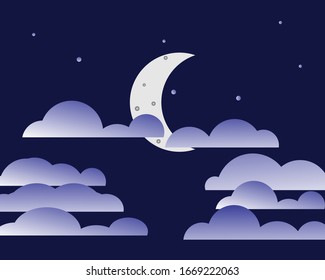 at night there is a crescent moon surrounded by clouds.vector illustration