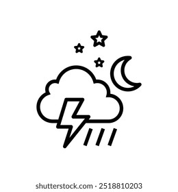 Night Thunder Storm in the Rainy Sky and Cloudy weather conditions icon with Stars and Half Moon. Weather Forecast