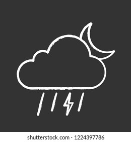 Night thunderstorm chalk icon. Thunder storm. Lightning storm. Stormy. Cloud, lightning, rain and moon. Weather forecast. Isolated vector chalkboard illustration