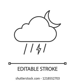 Night thunderstorm linear icon. Thunder storm. Thin line illustration. Lightning storm. Stormy. Cloud, lightning, rain, moon. Weather forecast. Contour vector isolated outline drawing. Editable stroke