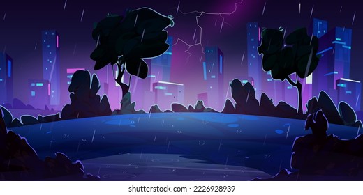 Night thunderstorm with rain and lightning in city with park and skyscrapers. Summer landscape with dark trees silhouettes and houses on skyline in storm, vector cartoon illustration