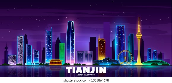 Night Tianjin skyline.Vector modern night megapolis. Urban skyscrapers in neon colors.