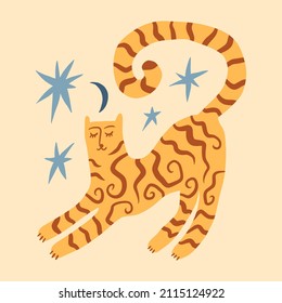 Night tiger wild animal childish cartoon groovy boho illustration naive funky handdrawn style art vector