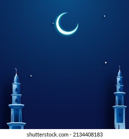 Night Time Blue Background With Crescent Moon, Mosque Minarets And Space For Text Your Message For Islamic Festival Concept.